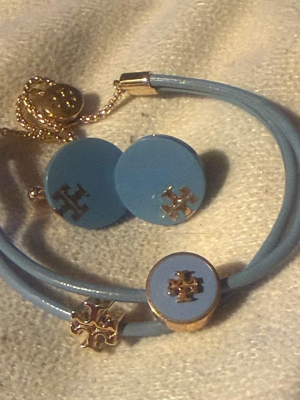 Tory Burch Sky Blue Logo Bracelet and Stud Earring Set